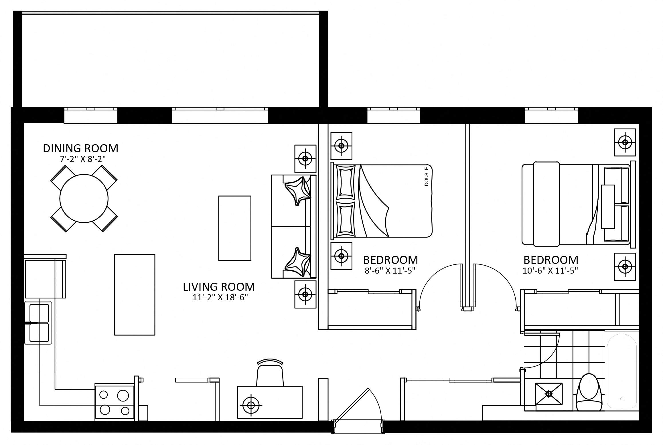 Floor plan for 2 beds, 1 bath, 900 sqft